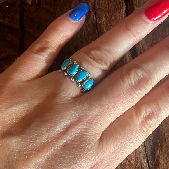 Zuni Navajo Blue Turquoise Ring Band Sleeping Beauty Sterling Petit Point 7 - Picture 3 of 11